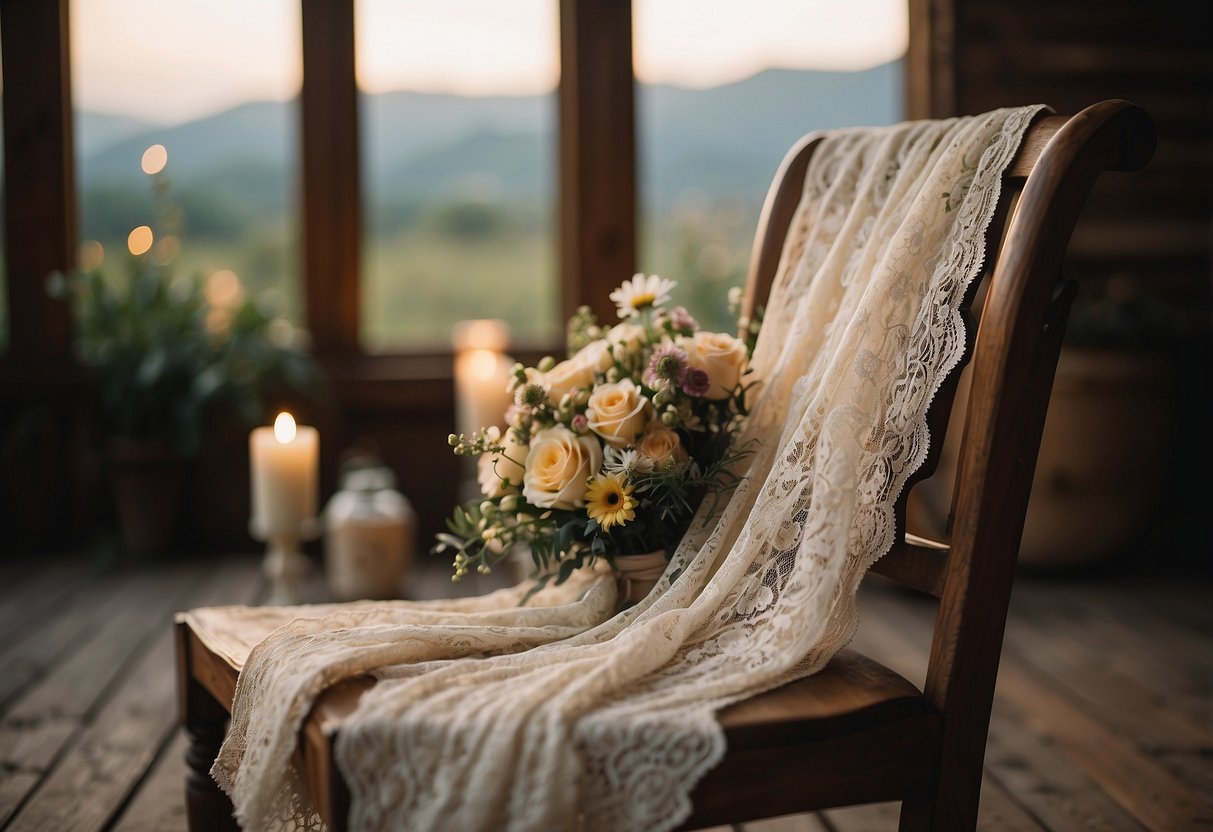 A vintage lace wedding dress draped over a rustic wooden chair, surrounded by delicate floral bouquets and soft candlelight