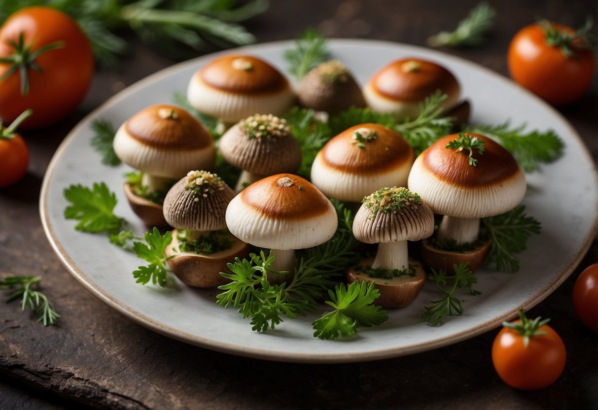 Mushroom caps stuffed with Italian flavors, arranged on a platter with garnishes and herbs