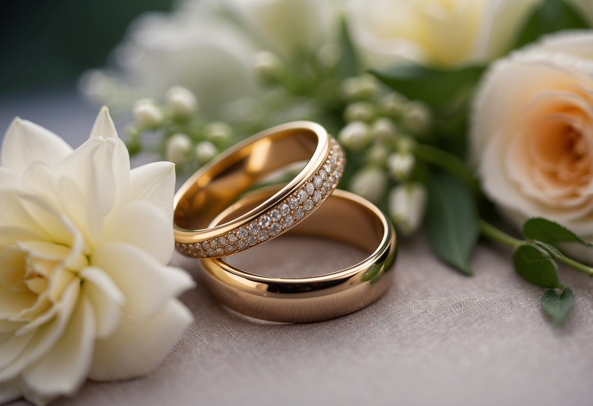 A pair of intertwined wedding rings resting on a bed of fresh flowers, symbolizing the unity and commitment of marriage