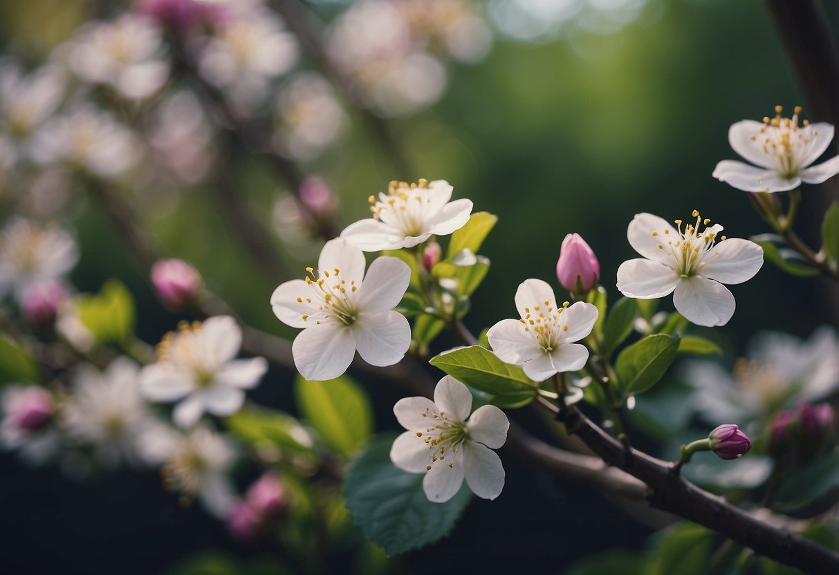 A blooming garden with intertwined vines and blossoming flowers, symbolizing the growth and beauty of love