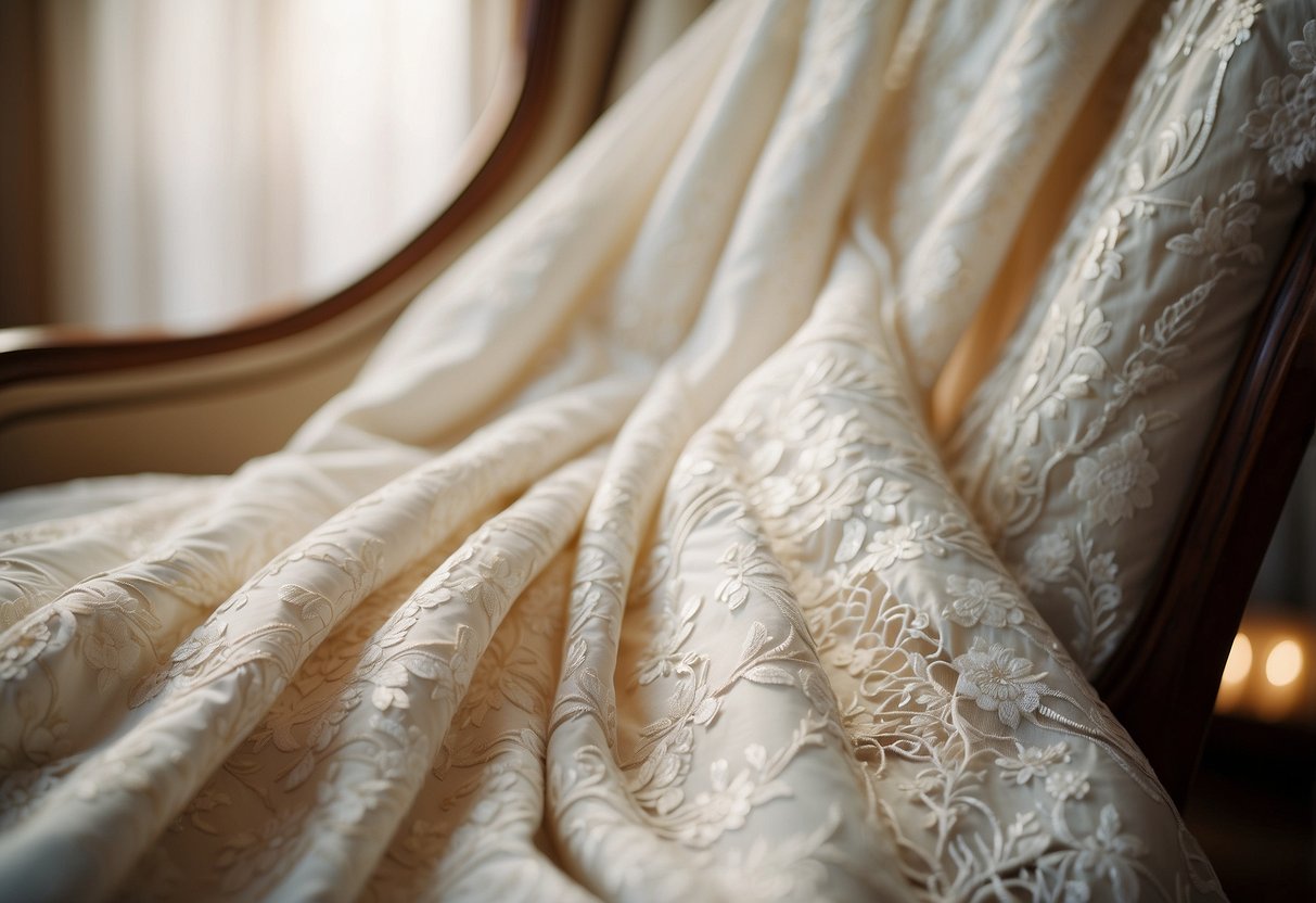 A wedding dress quilt featuring delicate lace and embroidery, draped over a vintage chair with soft, natural lighting