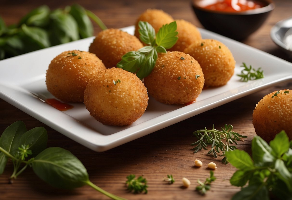 A table set with a platter of golden, crispy arancini balls, garnished with fresh herbs and served with a side of marinara sauce