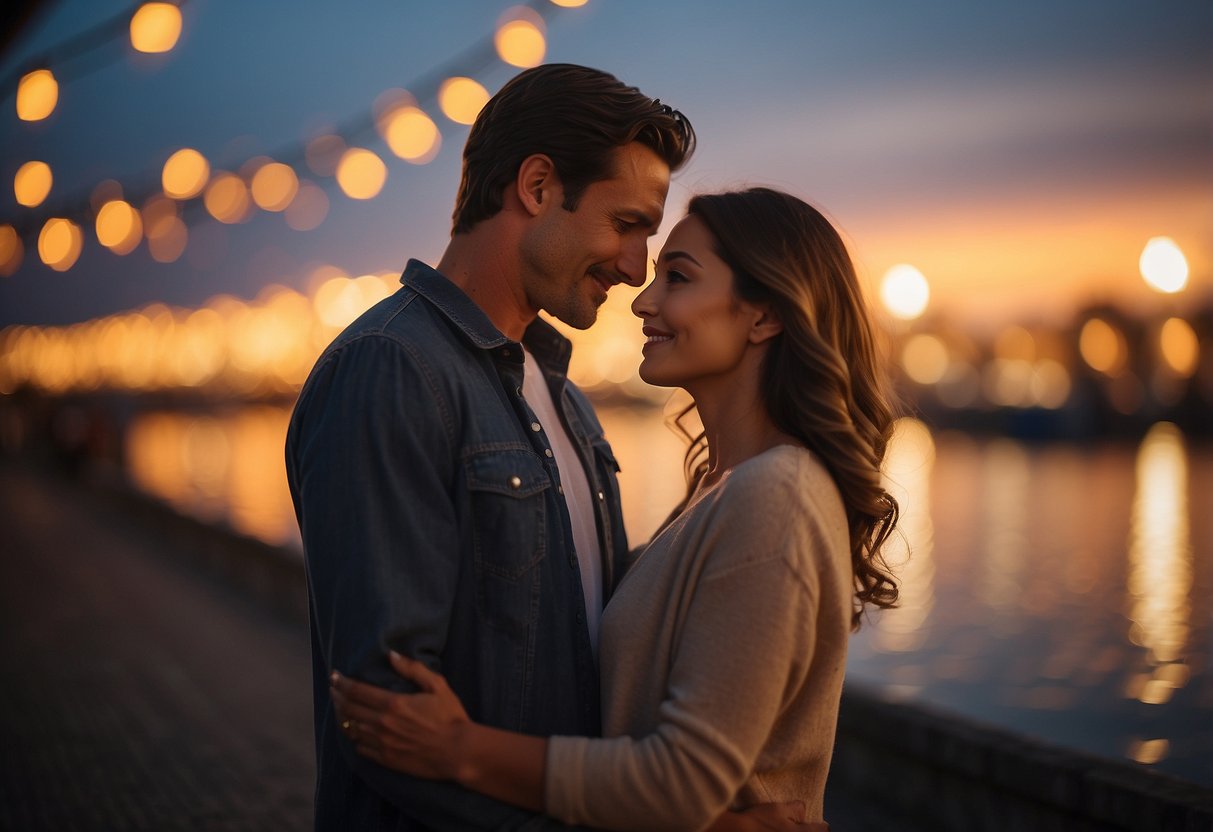 A couple standing together, facing each other with a warm embrace, surrounded by a soft glow, symbolizing their deep connection and love for each other