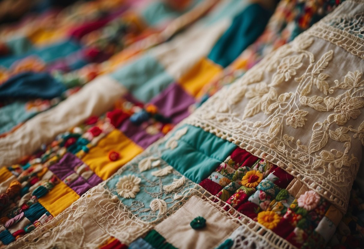 A colorful patchwork quilt adorned with lace, beads, and floral embroidery. A flowing bohemian wedding dress cascades down the center, surrounded by vintage fabric scraps and tassels