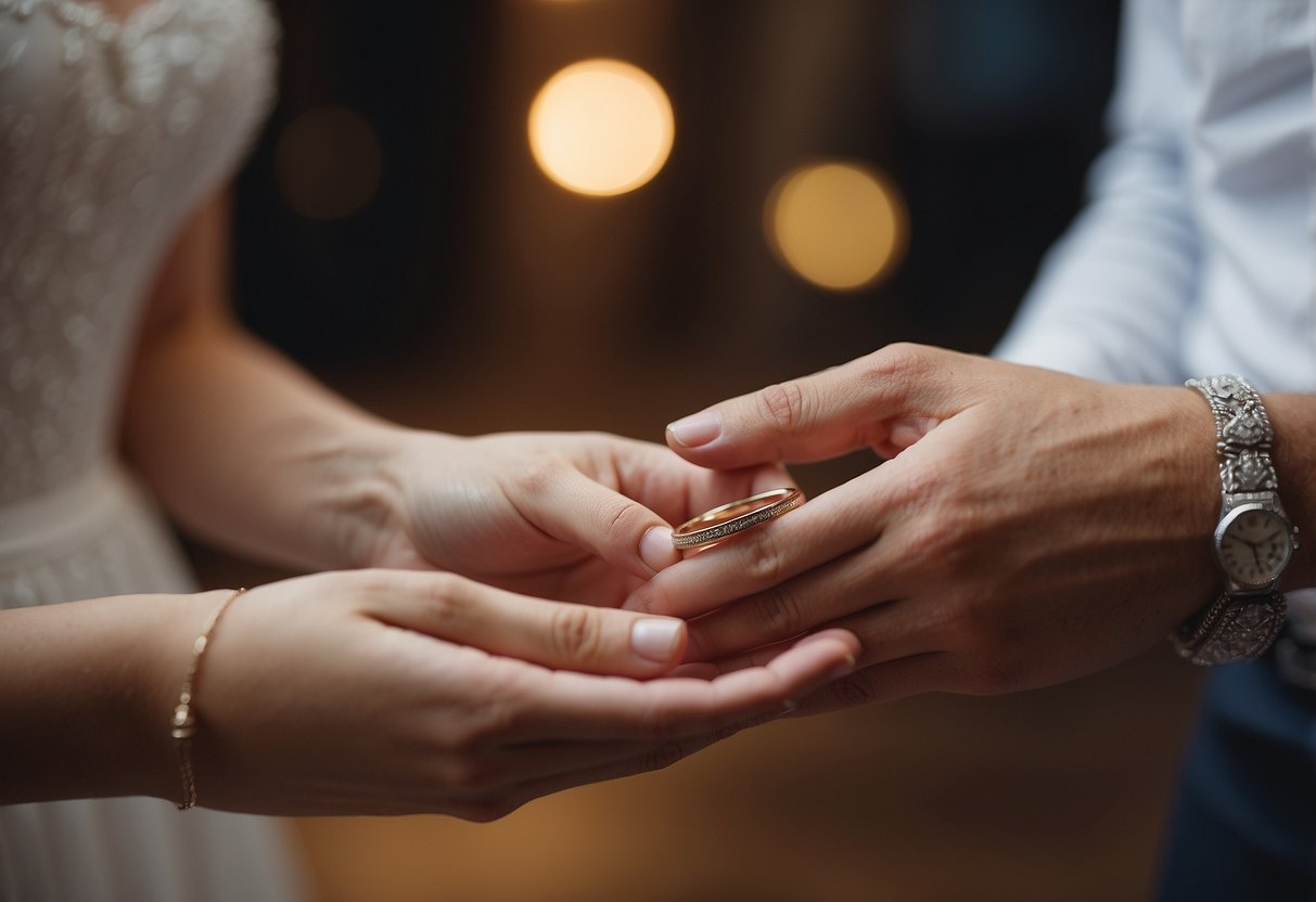 A newlywed couple exchanging wedding rings with a quote about love and commitment displayed in the background