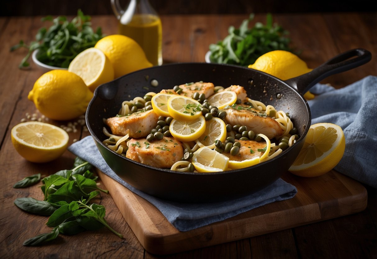 A sizzling skillet of Chicken Piccata surrounded by vibrant lemon slices and capers, served alongside a bed of al dente pasta