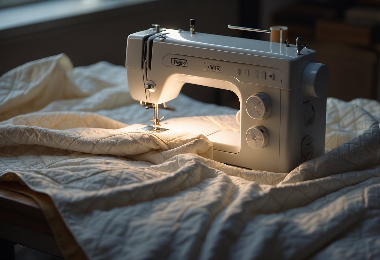 A sewing machine stitching together layers of fabric to create a wedding dress quilt. Scissors, pins, and a pattern laid out on a clean, well-lit workspace