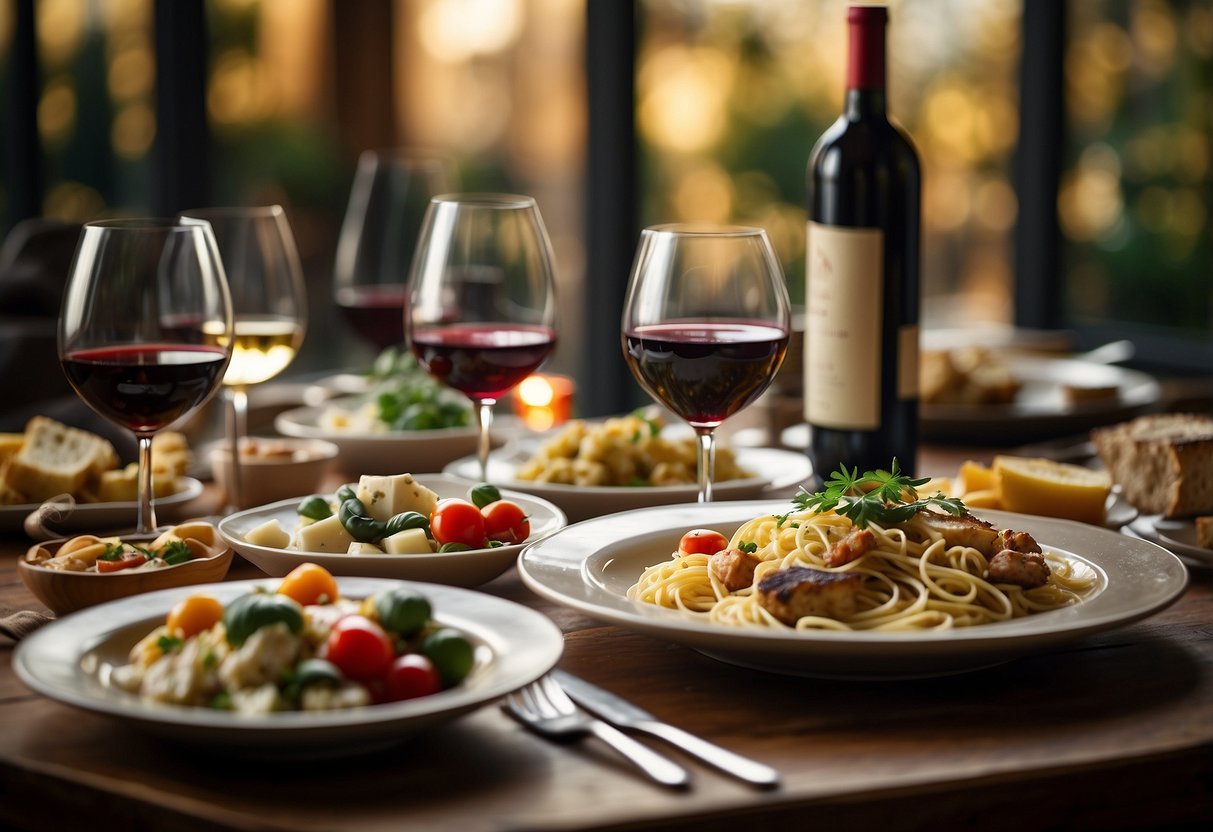 A table set with various Italian dishes and corresponding wine bottles