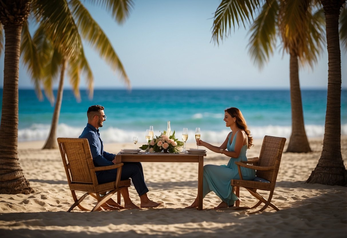 A couple sits on a sandy beach, surrounded by palm trees, with a clear blue ocean stretching out in front of them. A table is set with a romantic dinner for two, complete with candles and champagne