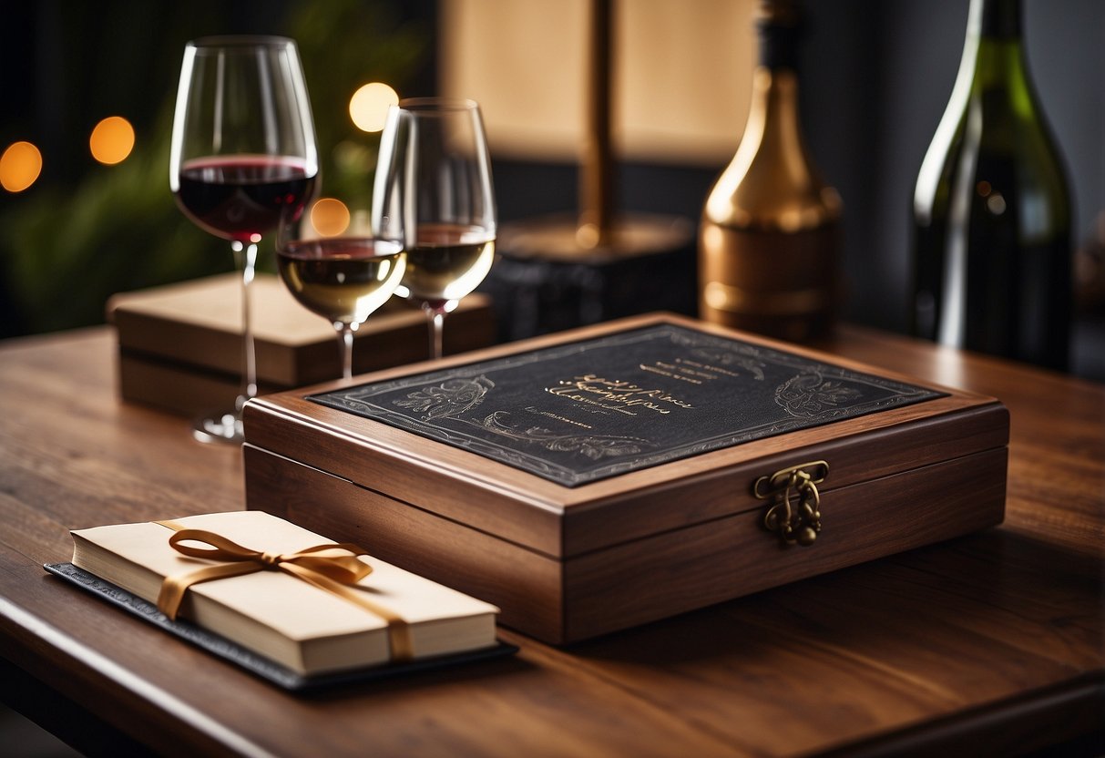 A table adorned with unique, personalized gifts: engraved wine glasses, custom photo album, and a handcrafted wooden keepsake box