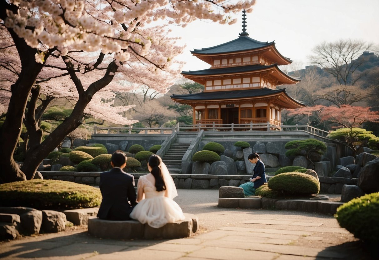 A serene Kyoto garden filled with blooming cherry blossoms, a couple sits under a traditional pagoda, enjoying their 30th wedding anniversary vacation