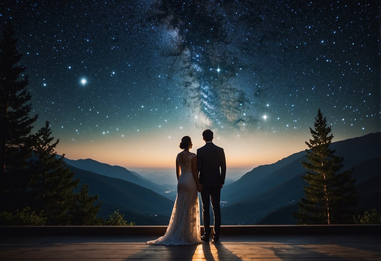 A couple stands under a starry night sky, gazing at a personalized star map. The map is a thoughtful wedding gift, capturing the unique alignment of stars on their special day