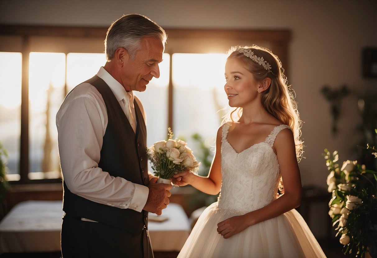 A father gazes at his daughter in her wedding gown, saying "Cherish every moment." Warm light bathes the room, creating a tender, emotional atmosphere