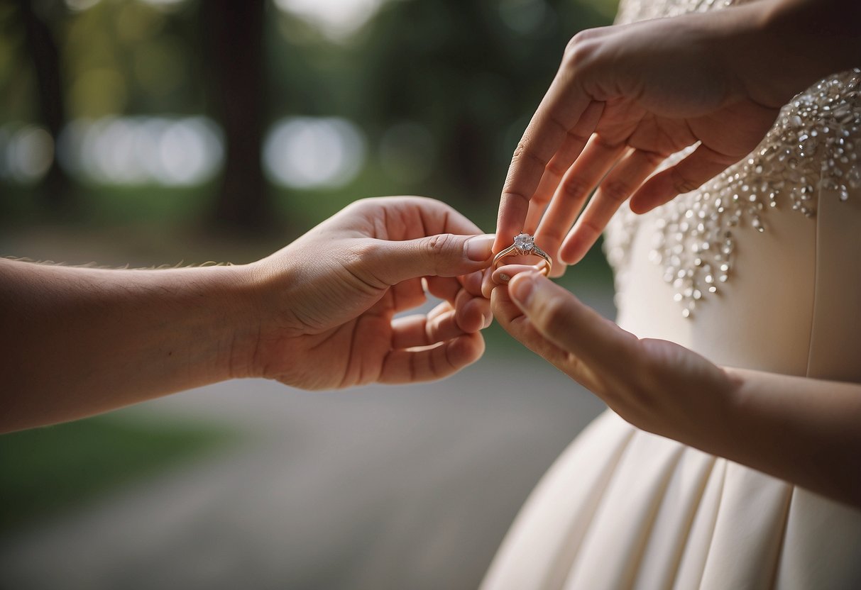 A father's hand extends a wedding ring to his daughter, expressing, "Marriage is a partnership."