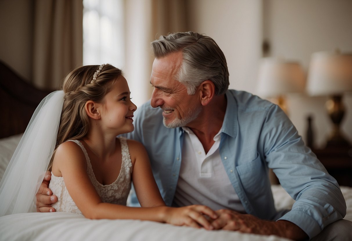 A father's advice: "Never go to bed angry." A father embraces his daughter on her wedding day, imparting these words of wisdom