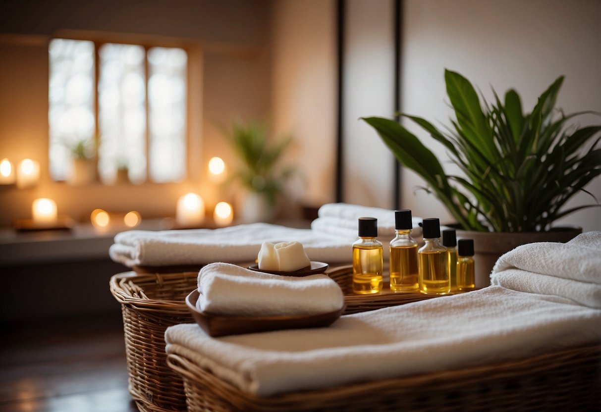 A serene spa room with two massage tables, soft lighting, and soothing music. A basket of aromatic oils and fluffy towels sit nearby