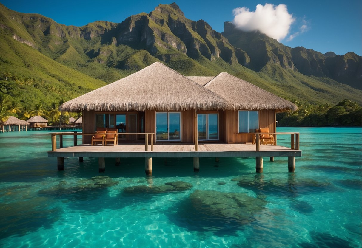 A serene overwater bungalow in Bora Bora, surrounded by crystal-clear turquoise waters and lush greenery, with a view of the iconic Mount Otemanu in the distance