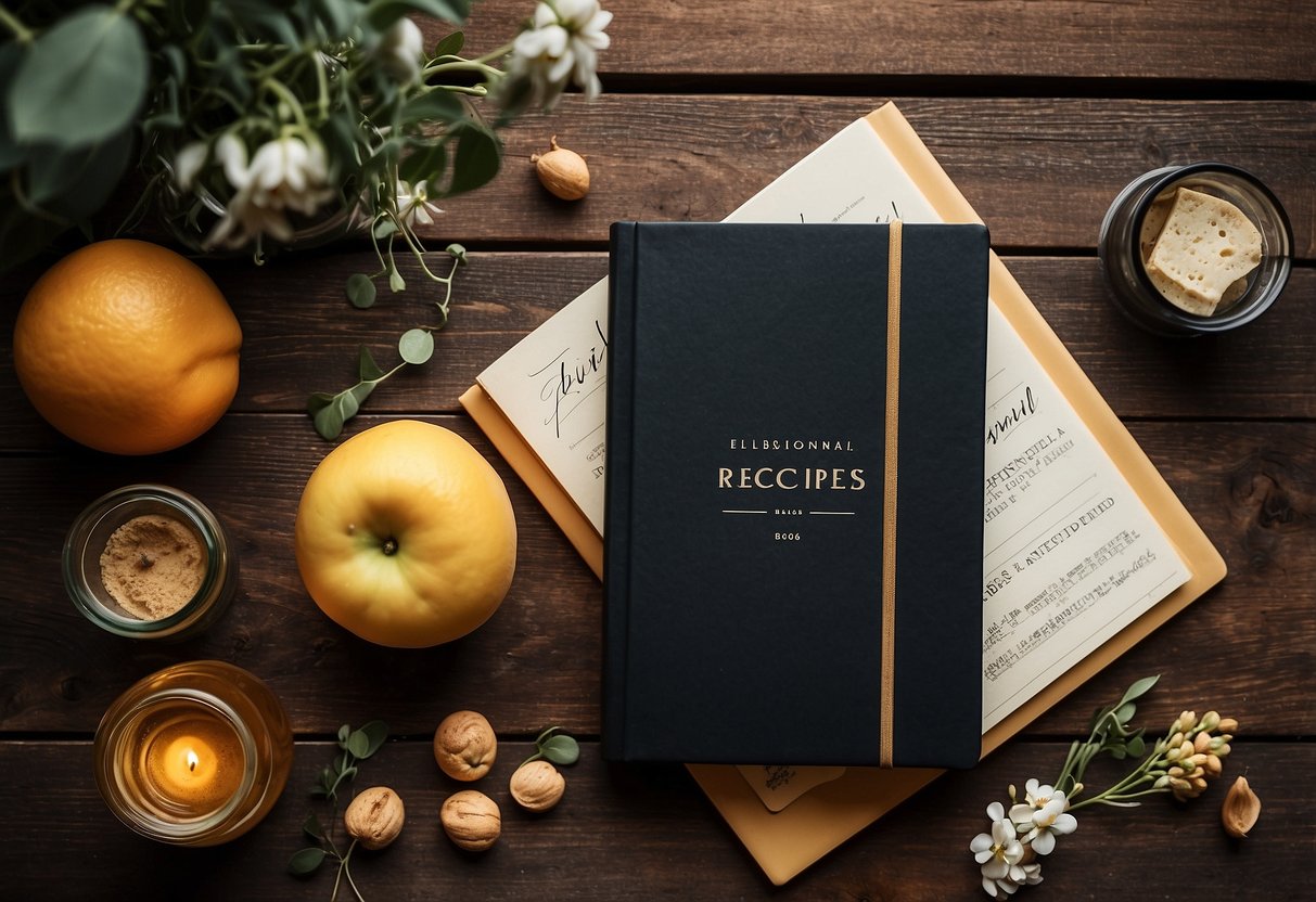 A handwritten recipe book sits on a rustic wooden table, surrounded by wedding gift ideas for a couple who has everything