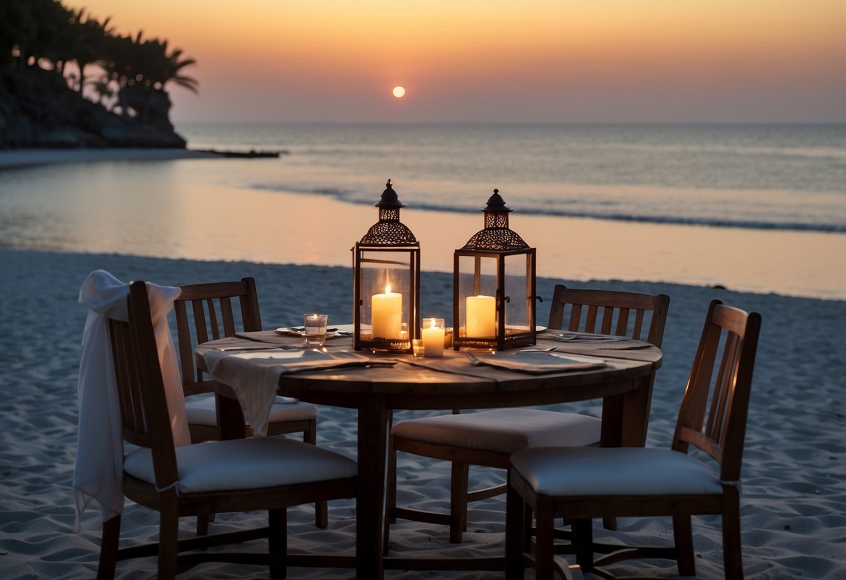 A candlelit table set on a secluded beach at sunset, with a canopy overhead and the ocean stretching out in the background