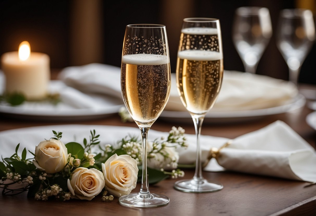 Two champagne flutes with personalized engravings, surrounded by elegant wedding decor