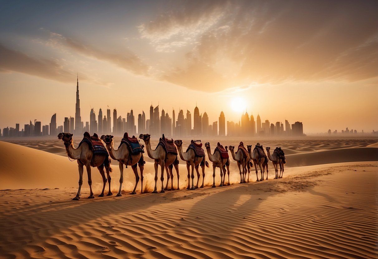 A camel caravan traverses the golden dunes of the Dubai desert at sunset, with the iconic city skyline in the distance