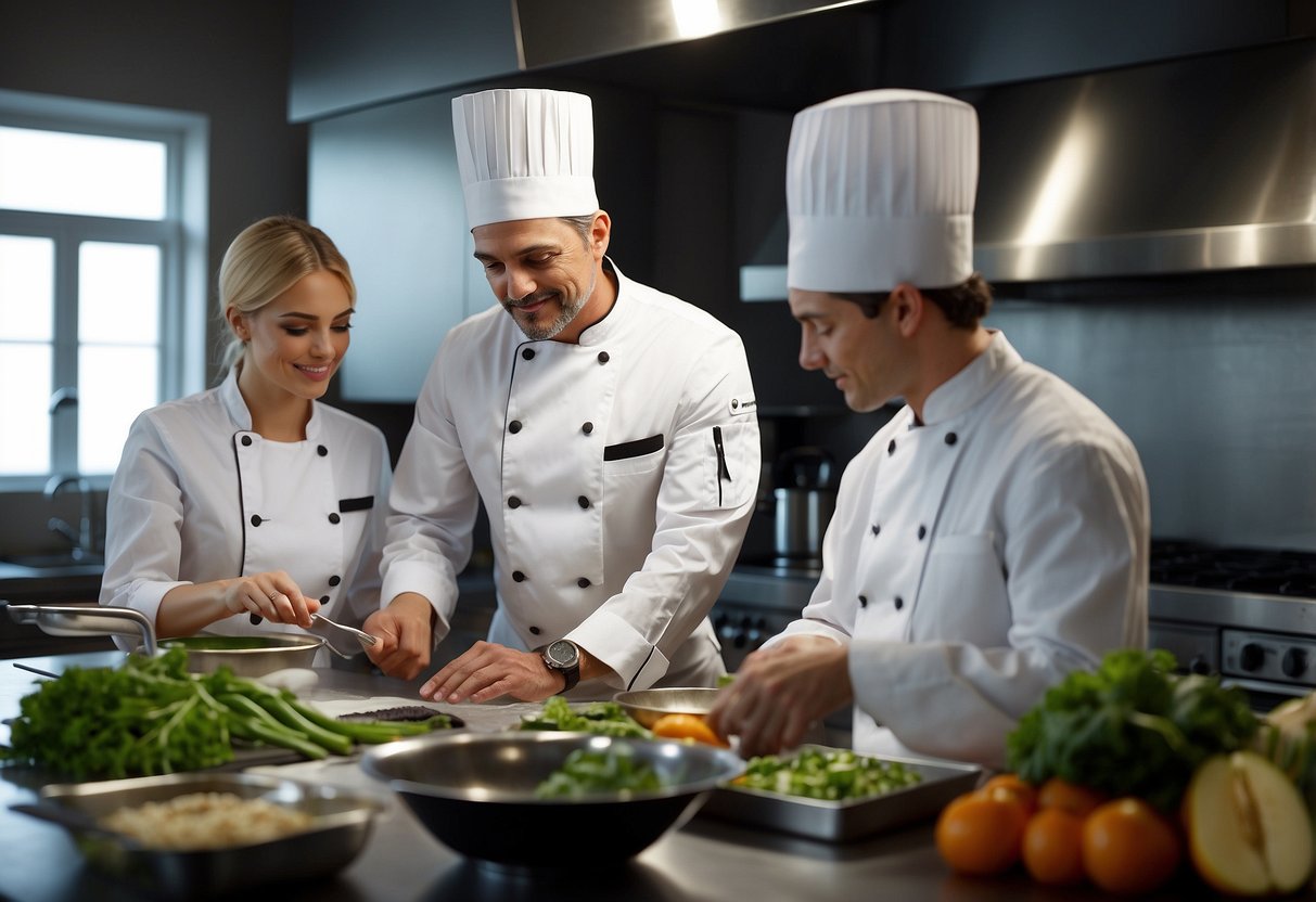 A chef instructs a couple in a modern kitchen, surrounded by fresh ingredients and cooking utensils, as they eagerly learn gourmet techniques