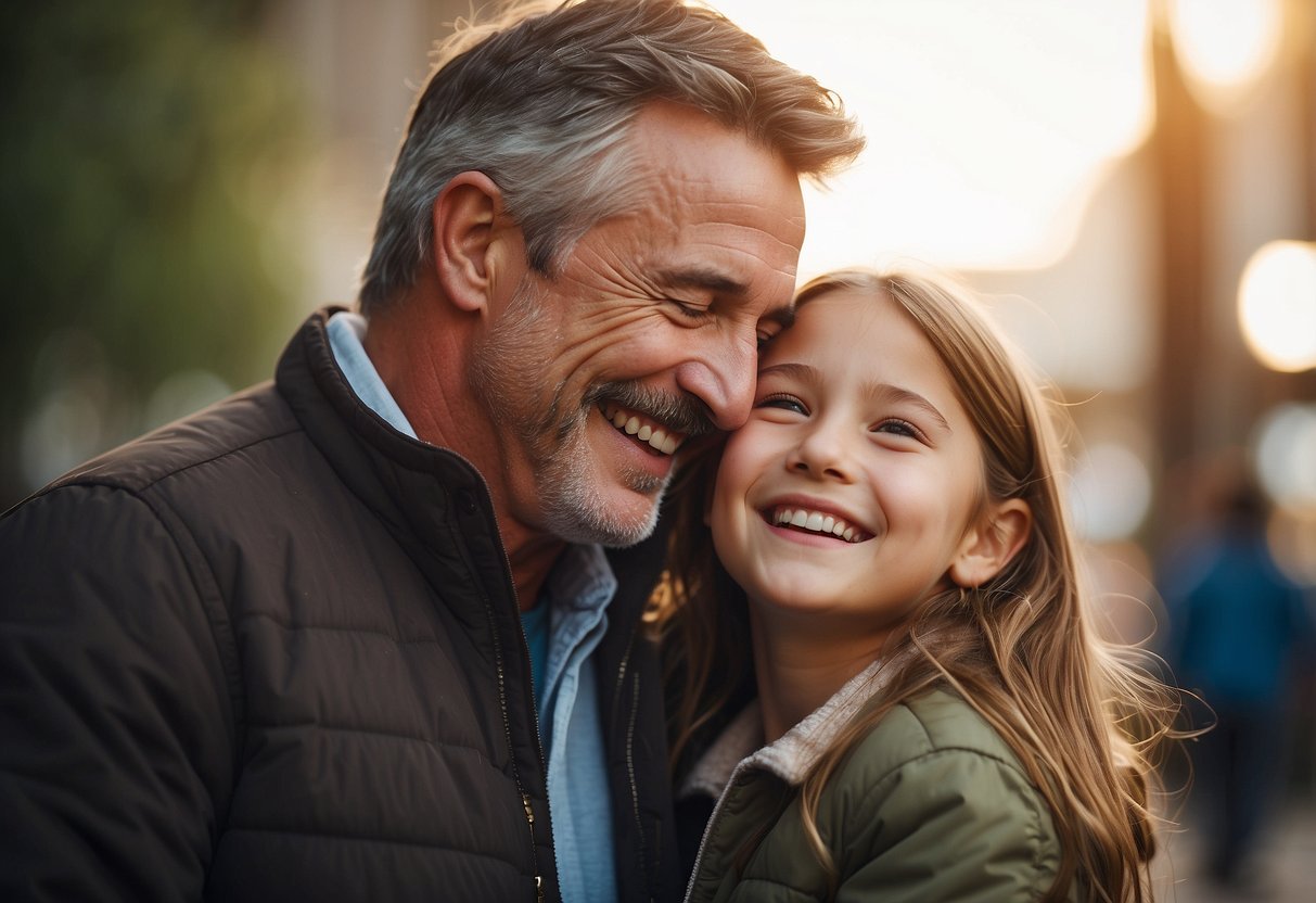 A father and daughter embrace, smiling and laughing together, as he tells her, "Laugh together often."