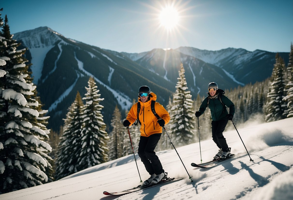 Skiers glide down Aspen Mountain, surrounded by snowy peaks and evergreen trees. The sun shines on the pristine slopes, creating a picturesque winter scene for a 30th wedding anniversary vacation