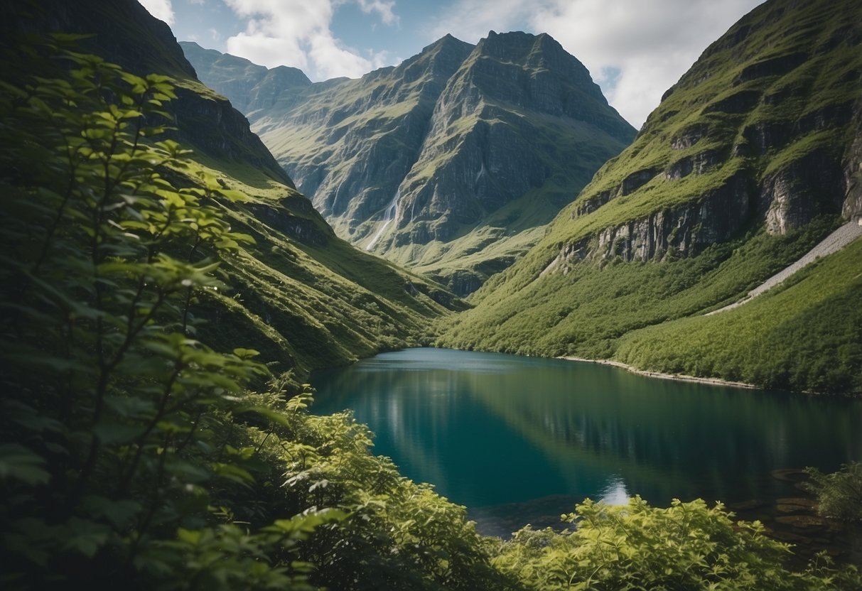 Lush green mountains surround a serene, glassy fjord. Waterfalls cascade down sheer cliffs, creating a peaceful, otherworldly scene