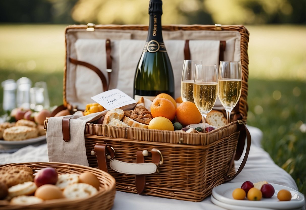 A lavish picnic basket filled with gourmet treats and champagne, adorned with elegant ribbons and a personalized note for the happy couple