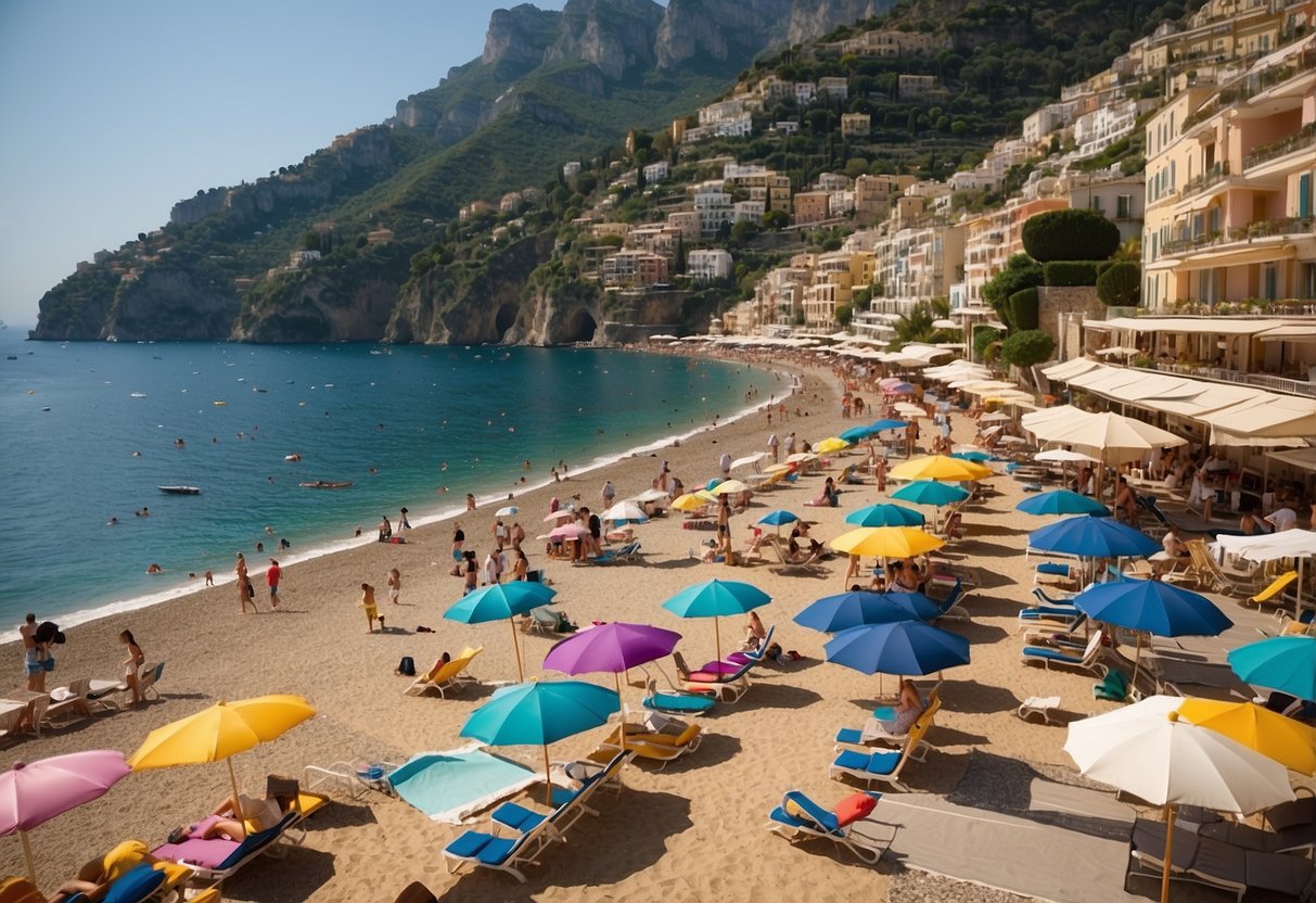 Sunbathers relax on the golden sands of Positano beach, with colorful umbrellas dotting the coastline against the backdrop of the stunning Amalfi Coast