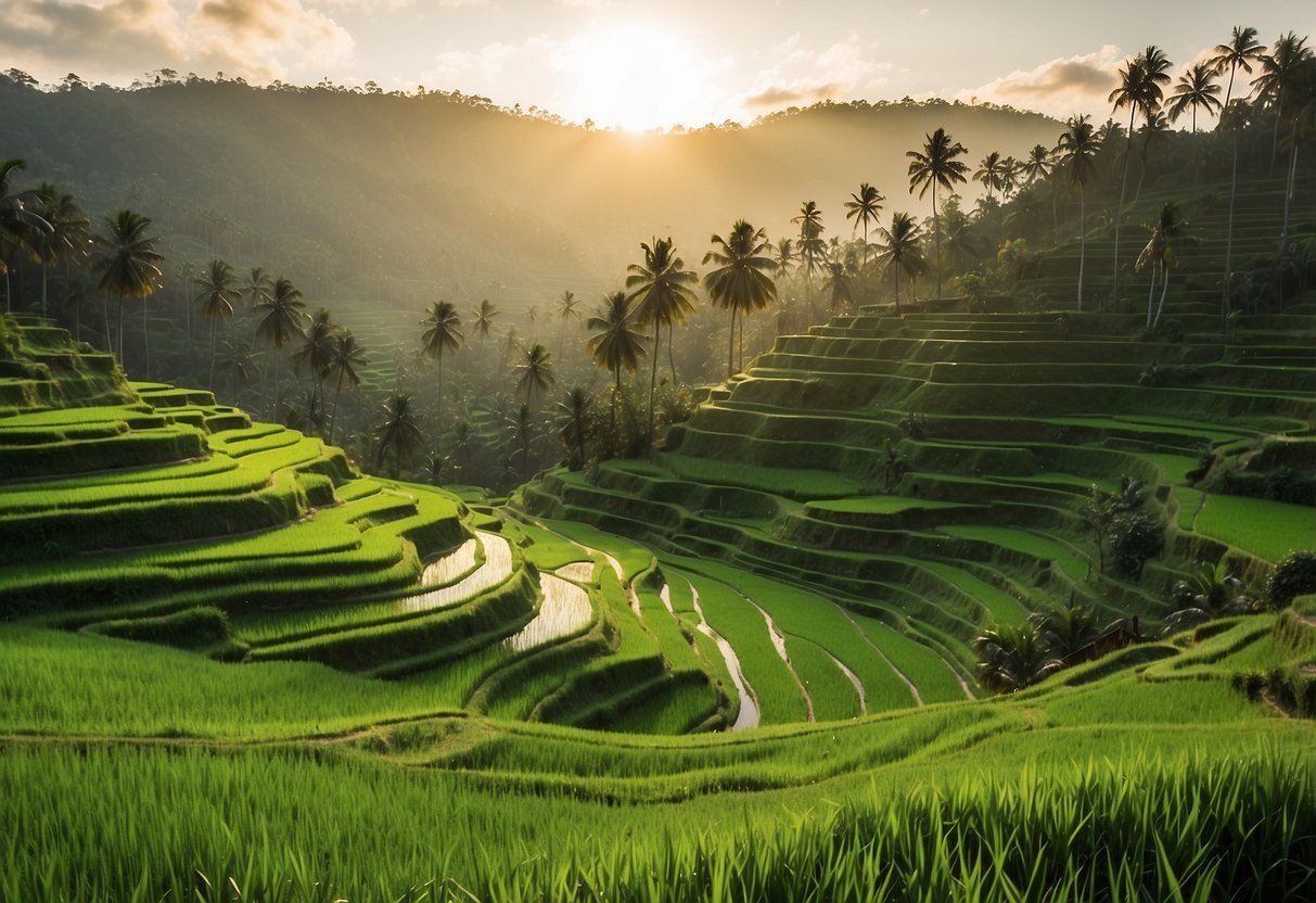 Lush green rice terraces in Ubud, Bali. The sun sets over the peaceful landscape, casting a warm glow on the gently swaying crops