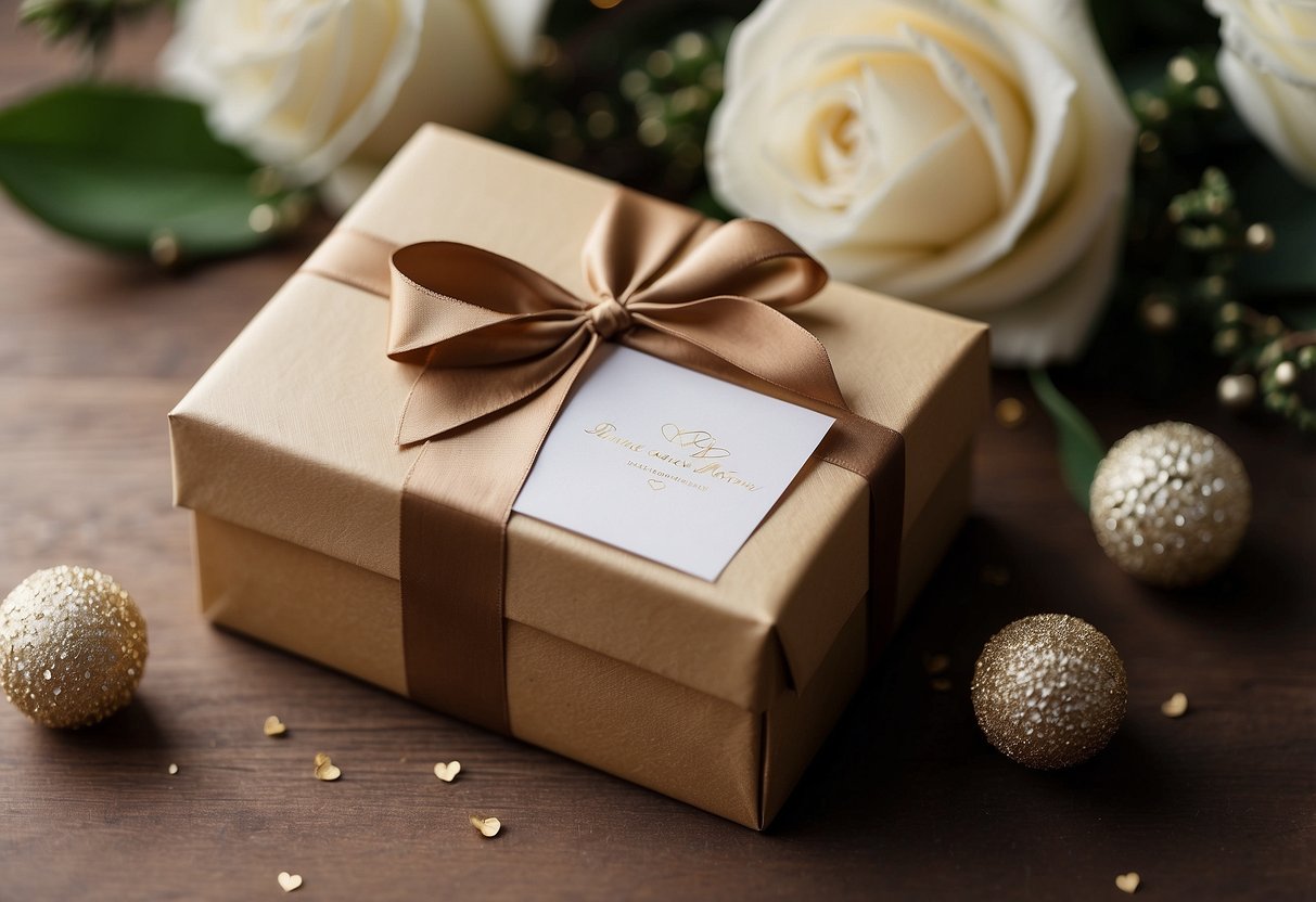 A beautifully wrapped gift box with a personalized wedding message sits on a table, surrounded by elegant decorations and flowers