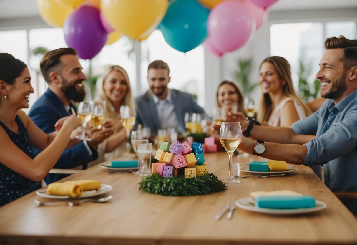 Guests laugh, playing games at a wedding shower. Tables are decorated with colorful game supplies. A lively atmosphere fills the room