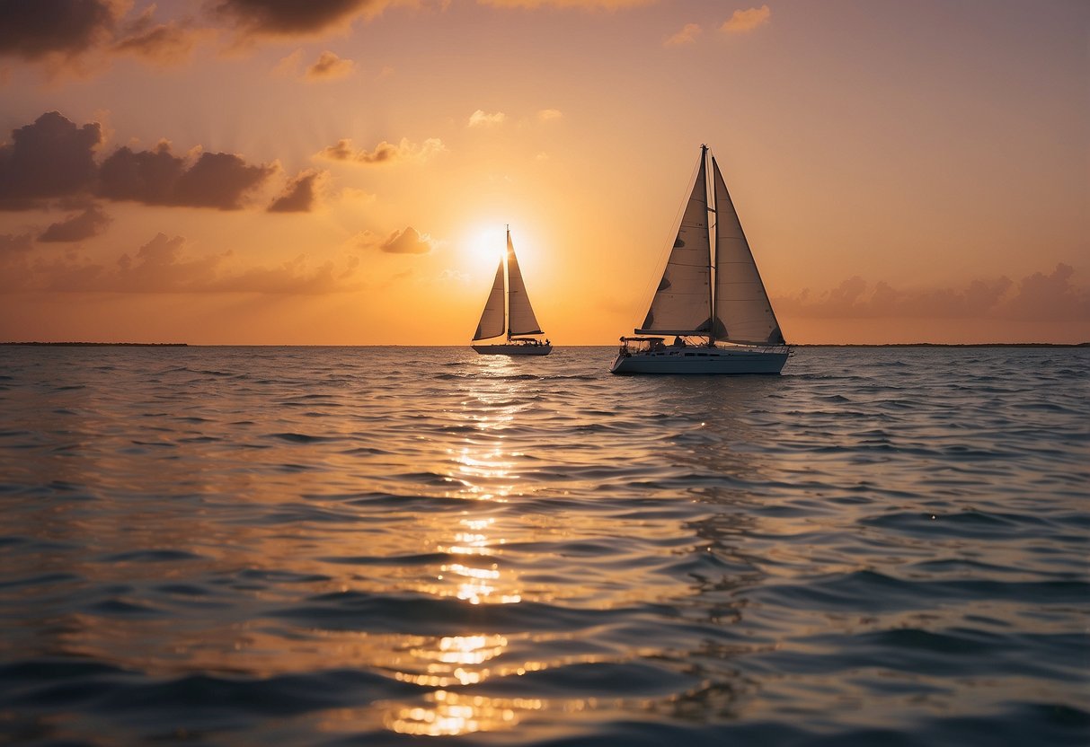 A sailboat glides through the calm waters of the Florida Keys at sunset, with the orange and pink hues of the sky reflecting off the gentle waves