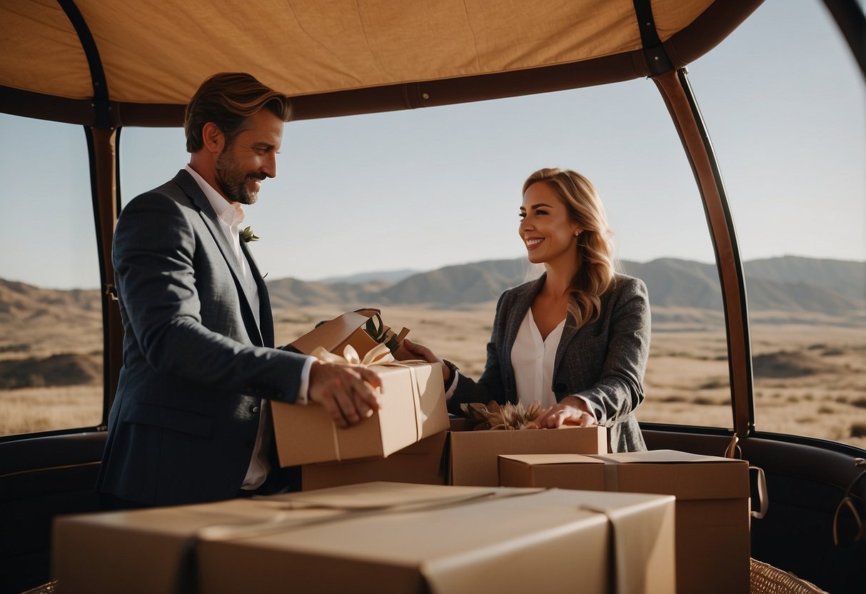 A couple opening a box filled with experiential wedding gifts, such as a hot air balloon ride, cooking classes, or a weekend getaway