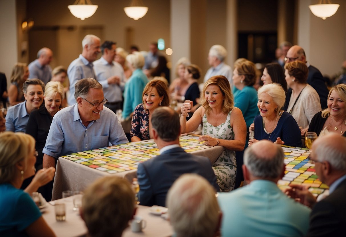 Guests gather around tables, marking off squares on Bridal Bingo cards. Laughter fills the room as prizes are awarded to the winners