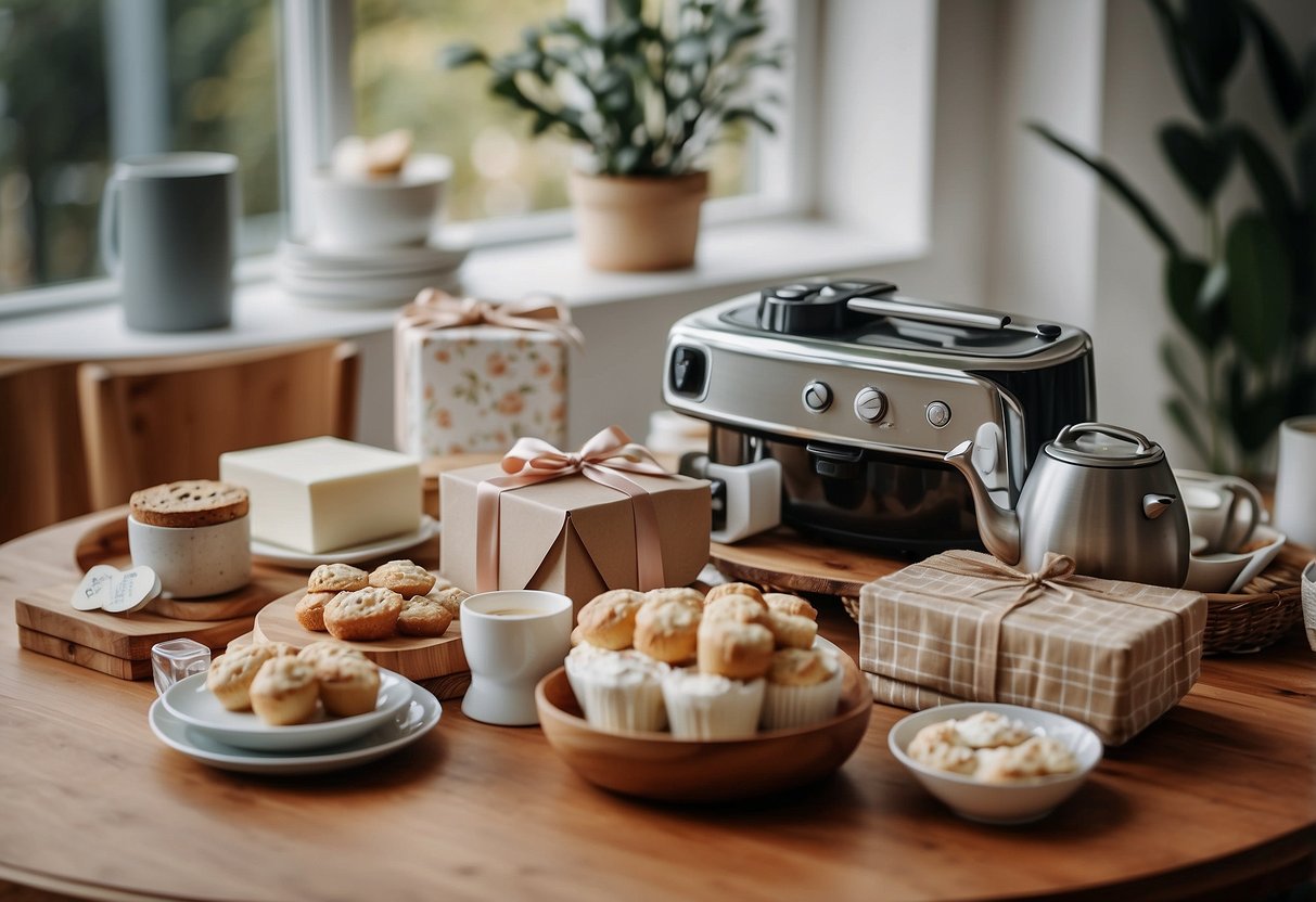 A table with various practical wedding gifts: kitchen appliances, cookware, bedding, and gift cards neatly arranged with a congratulatory card