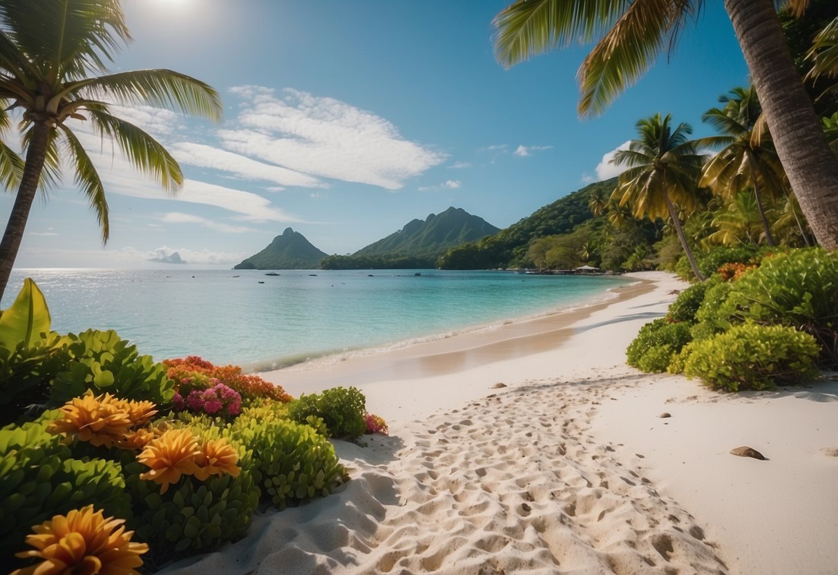 Lush tropical island, crystal-clear waters, towering volcanic peaks, and vibrant coral reefs. A couple strolling along a white sand beach, surrounded by lush greenery and exotic flowers