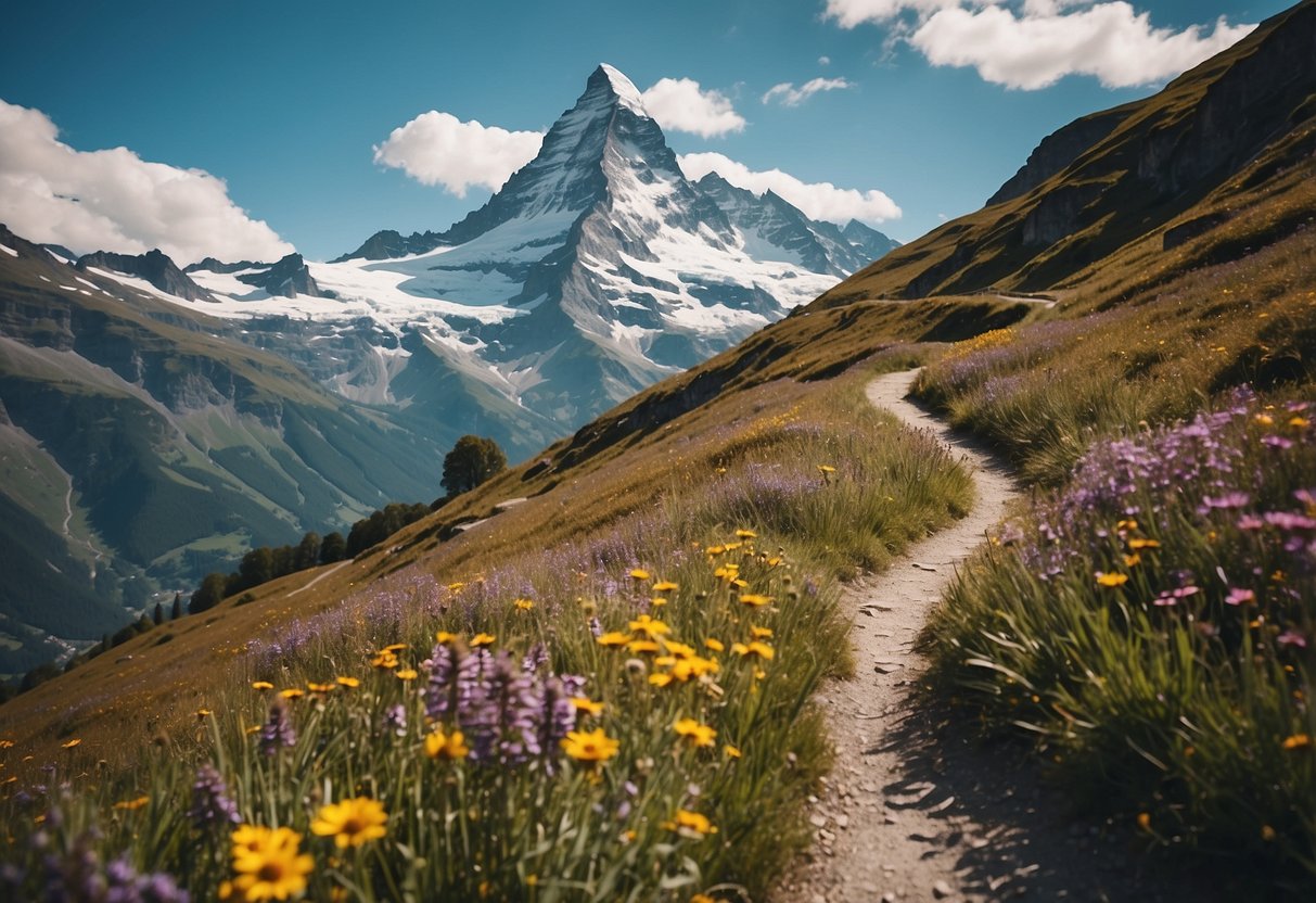 A winding mountain trail in Zermatt, Switzerland, with snow-capped peaks in the distance and vibrant wildflowers lining the path