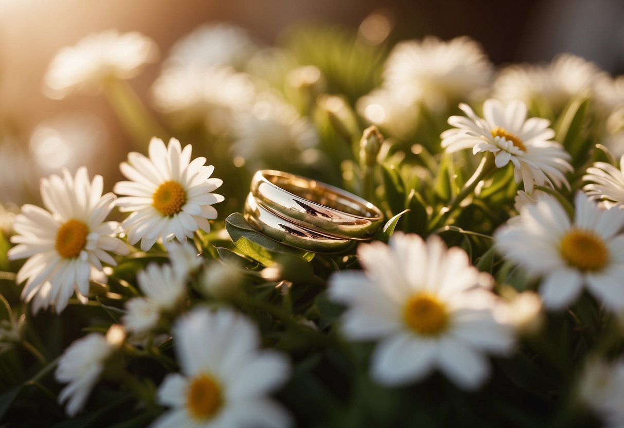 A pair of wedding rings resting on a bed of fresh flowers, bathed in warm sunlight