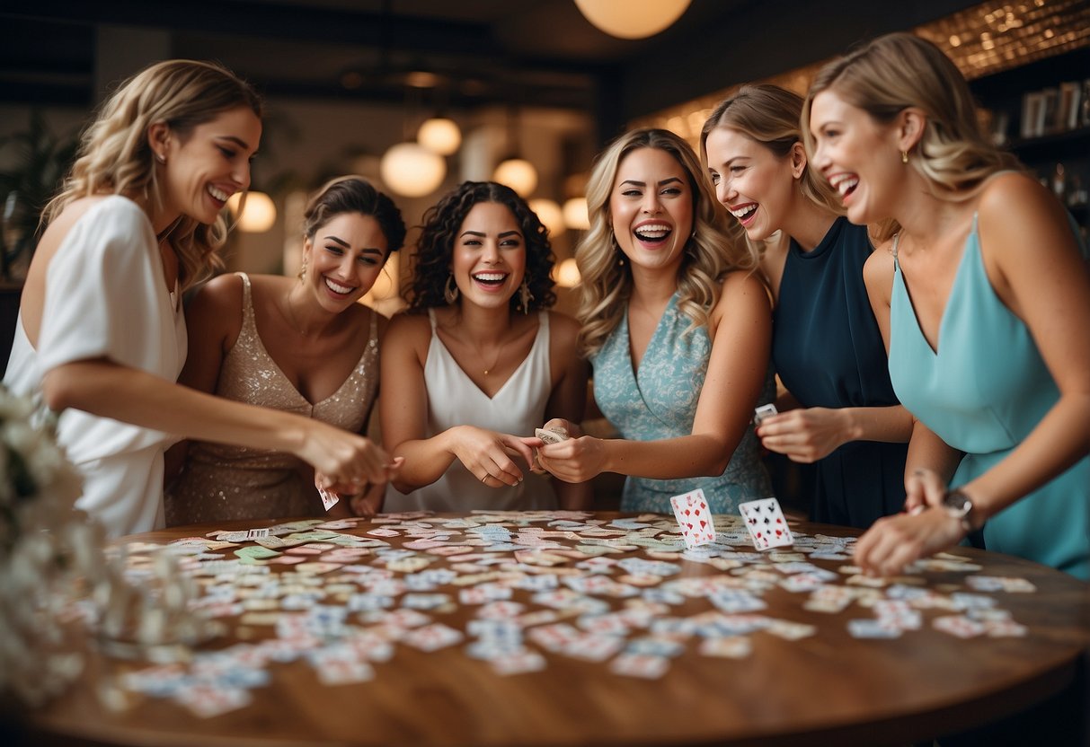 A group of women laughing and pointing at different wedding dresses on display, with colorful game cards and markers scattered on the table