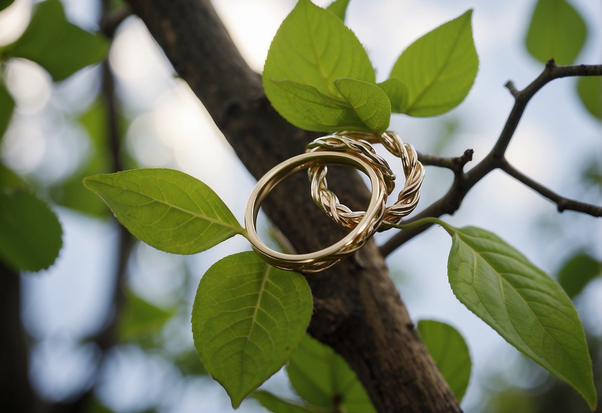 A blooming vine twisting around two intertwined rings