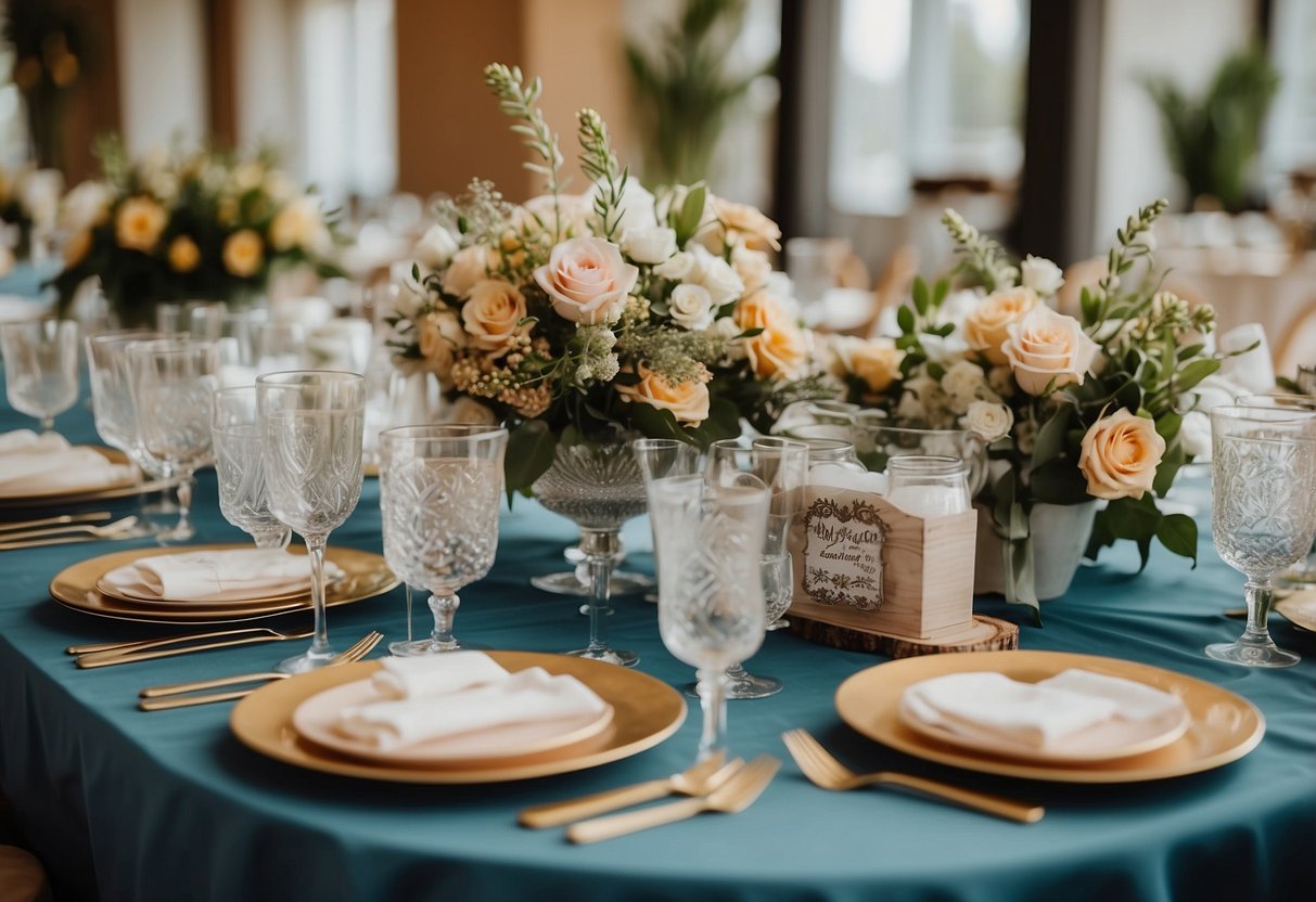 A table set with wedding-themed games and decorations, surrounded by excited guests at a lively wedding shower