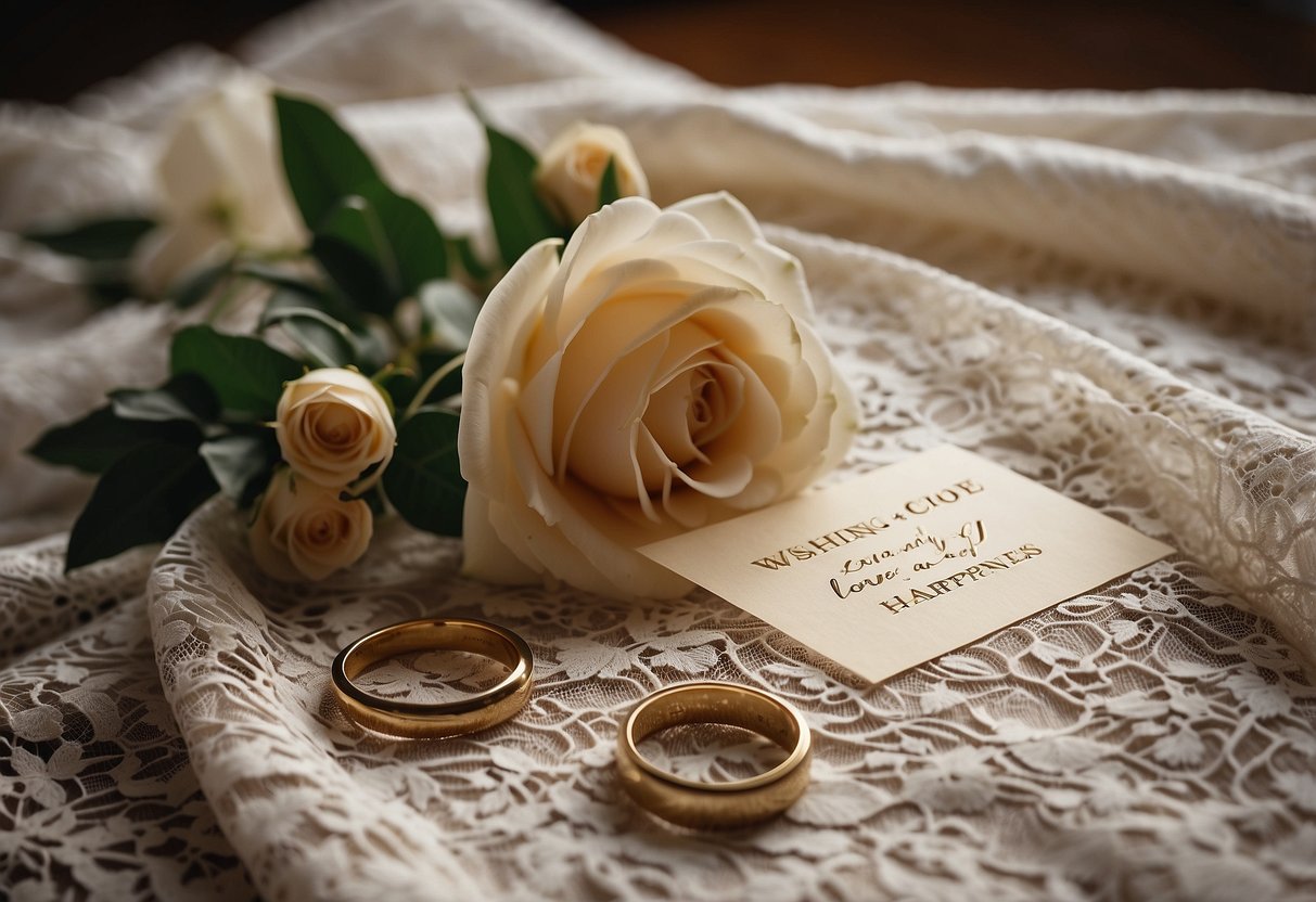 A heart-shaped bouquet of flowers and two intertwined wedding bands resting on a lace tablecloth, with the words "Wishing you a lifetime of love and happiness" written in elegant calligraphy