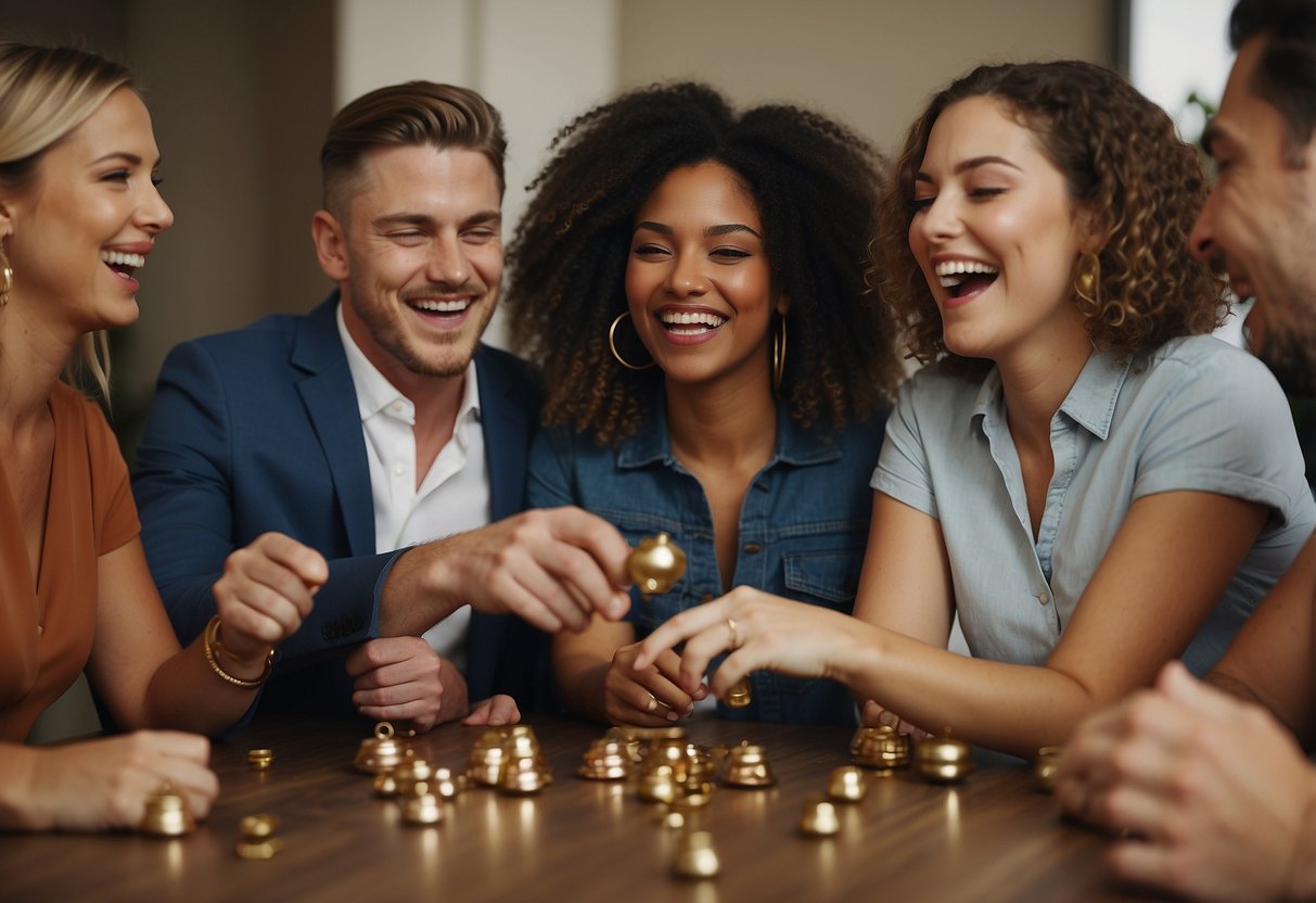 A group of friends gather around a table, each with a small bell in hand. Laughter fills the room as they search for hidden rings in a lively wedding shower game