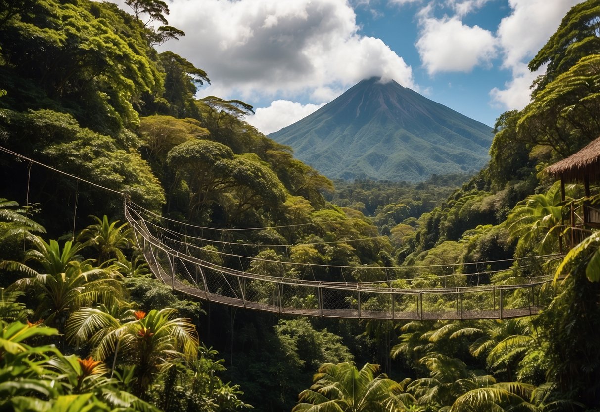 Lush rainforest, Arenal volcano backdrop, zip-line platforms crisscrossing, vibrant flora and fauna, excited vacationers soaring through the treetops