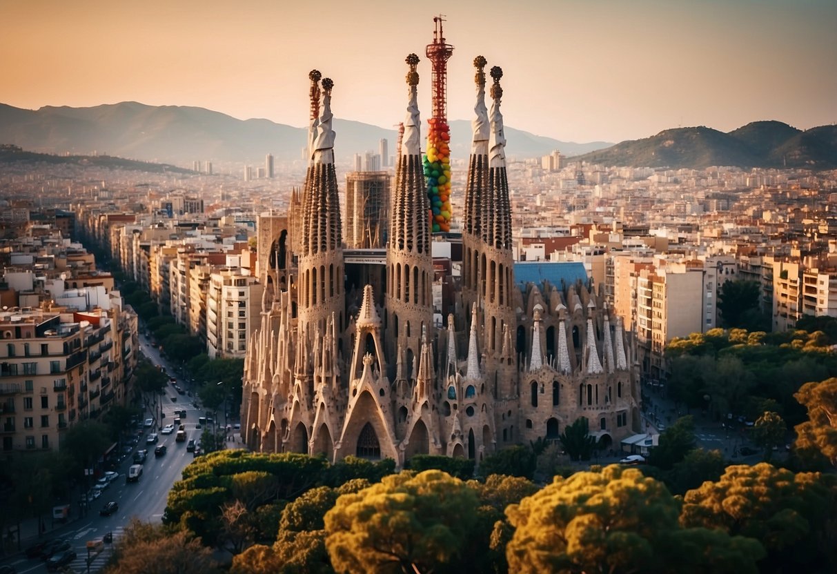 The iconic Sagrada Familia in Barcelona, Spain. Vibrant colors, intricate architecture, and bustling tourists capture the essence of a 30th wedding anniversary vacation