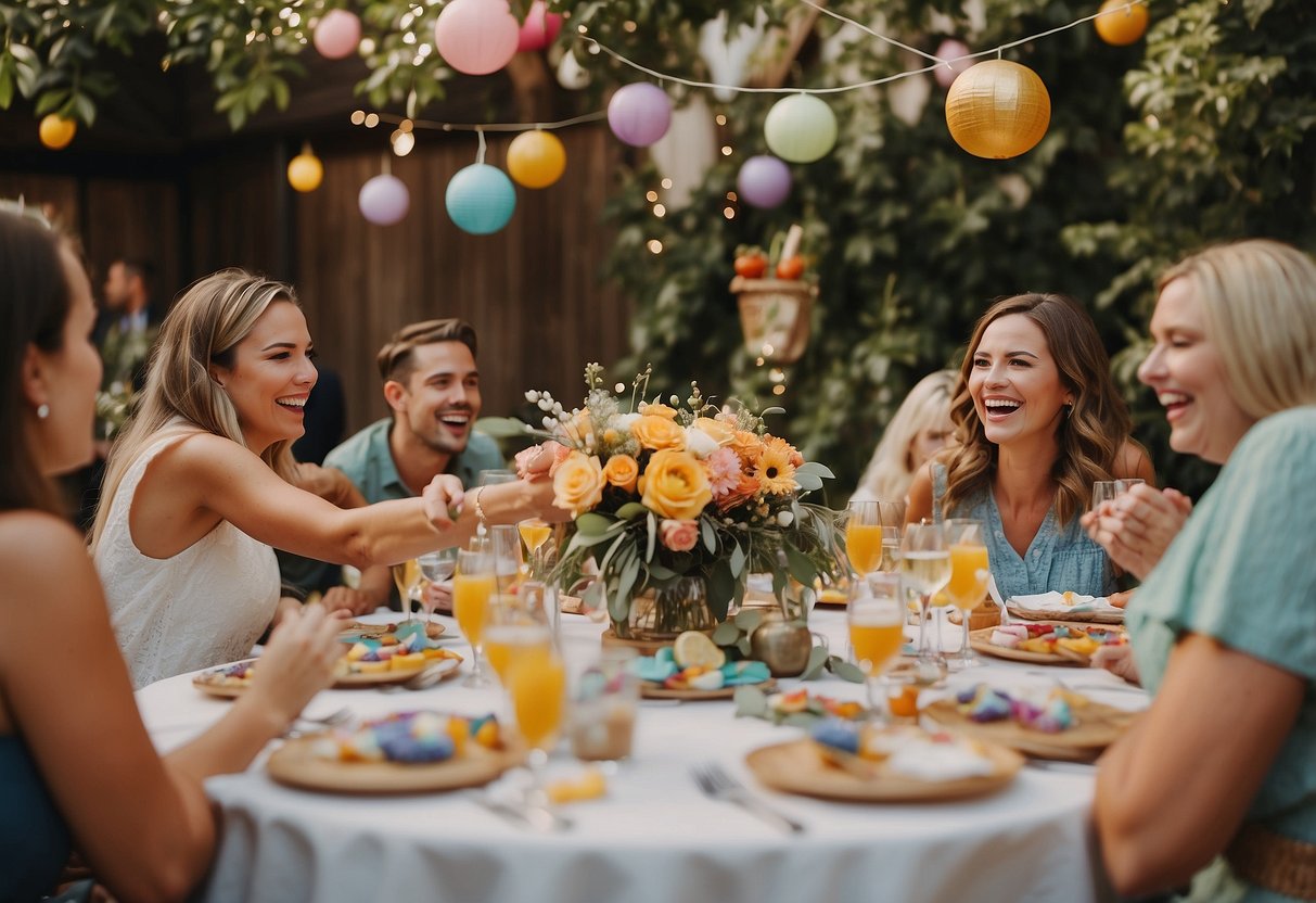 A joyful wedding shower with laughter, games, and love-filled Mad Libs. Tables adorned with colorful decorations and guests mingling happily