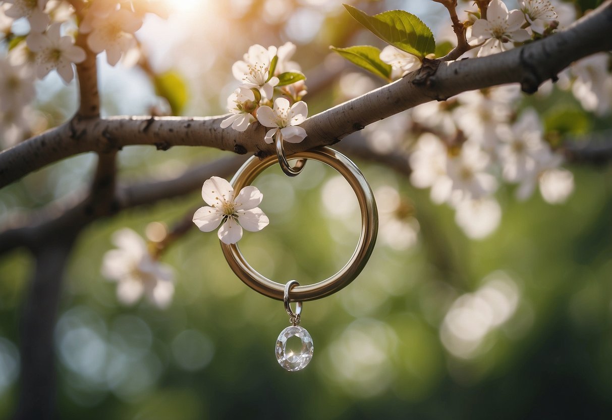 A serene garden with a blooming tree, a gentle breeze, and two intertwined rings hanging from a branch